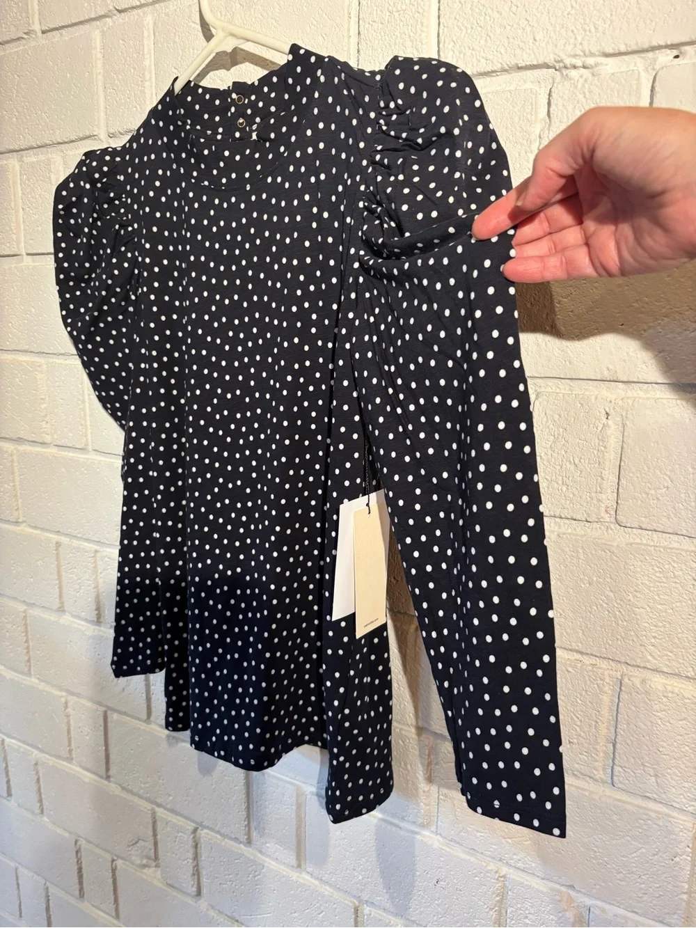 Anthropologie Navy and White Polka Dot Puff Sleeve Blouse